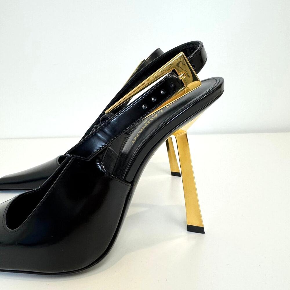 Saint Laurent Black Lee Slingback Pumps Gold Heel 38 NEW YSL Buckle Point Shoes - Picture 6 of 9